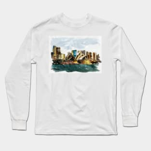 Sydney Australia Opera House Waterfront Watercolor Travel Painting Long Sleeve T-Shirt